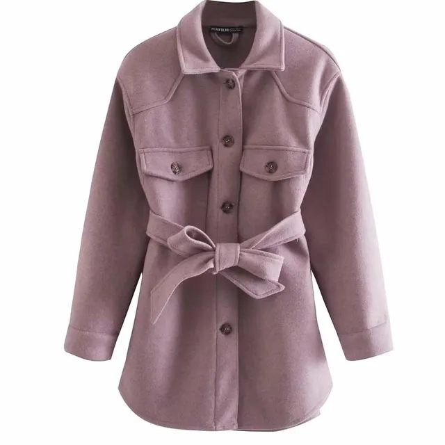 Casual and simple shirt style mid length jacket autumn and winter high waist and thin women's belt Pink - Shop at LoveMi