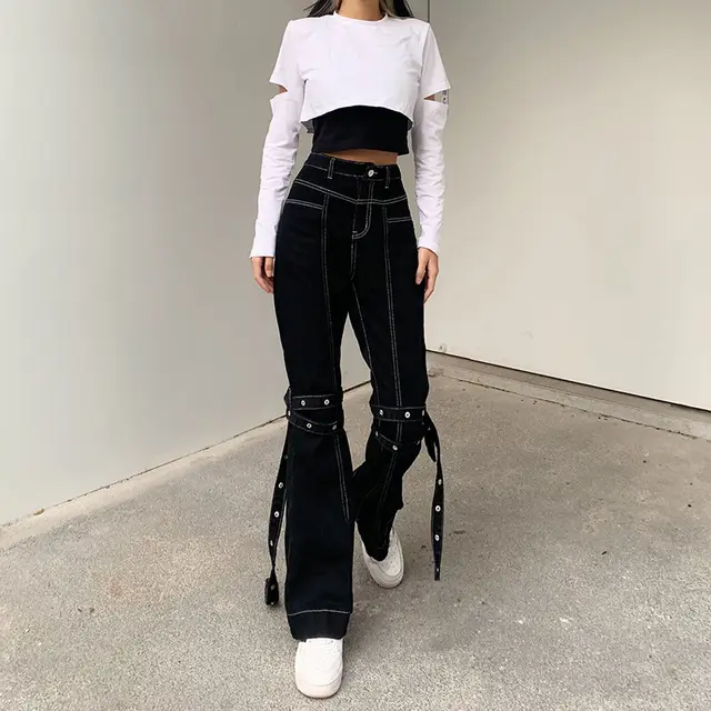 Lace Up, High Waisted, Thin, Casual Denim Pants Black - Shop at LoveMi