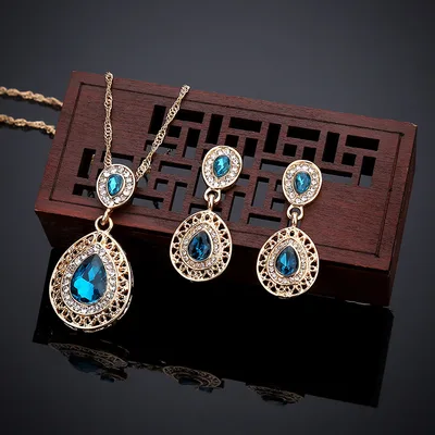 Crystal Drop Earrings Necklace Set Dress Acessories Bule - Shop at LoveMi