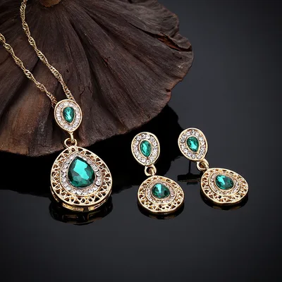 Crystal Drop Earrings Necklace Set Dress Acessories Green - Shop at LoveMi