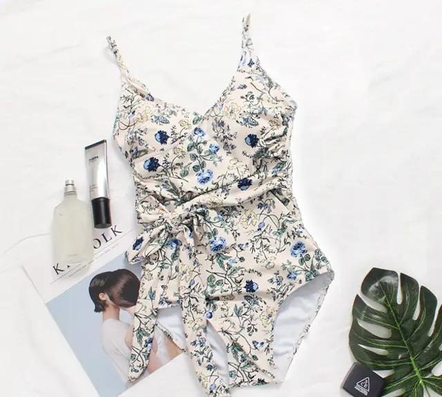 18th Korea and Europe bikini bikini one piece swimsuit female sense leaf print cover belly was thin foreign trade hot spring swimming Beige - Shop at LoveMi