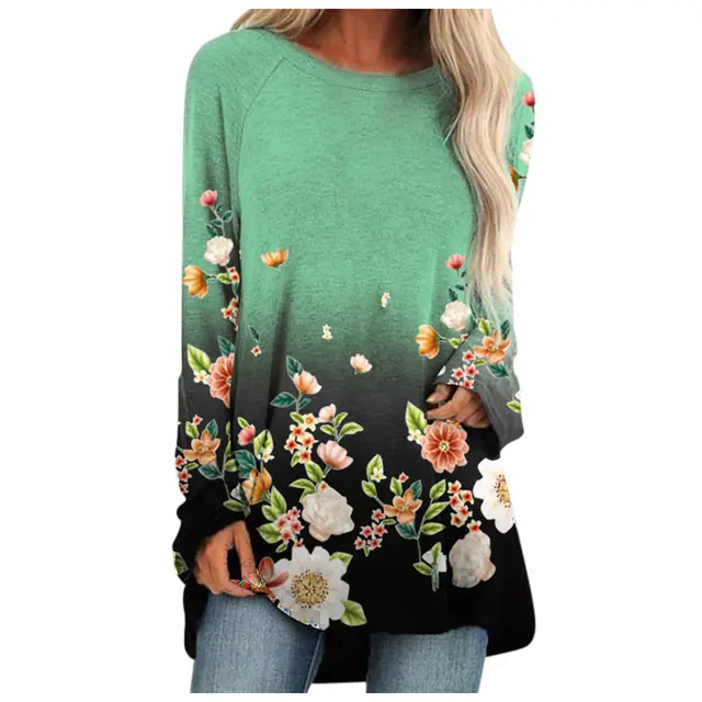 Flower Print Loose Round Neck Long Sleeve T shirt Green - Shop at LoveMi