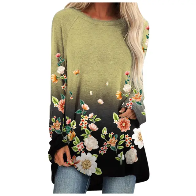 Flower Print Loose Round Neck Long Sleeve T shirt Yellow - Shop at LoveMi