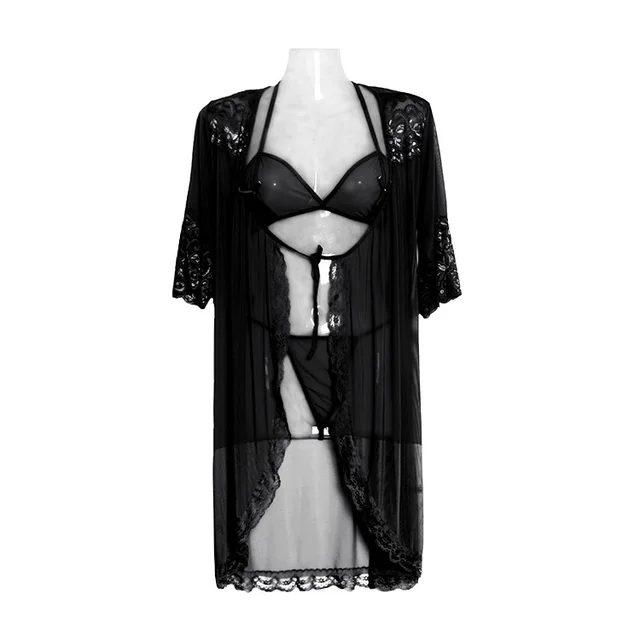 Three point lace robe Black - Shop at LoveMi