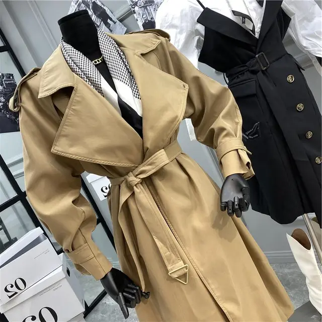 Loose windbreaker jacket British style texture all match over the knee coat Khaki - Shop at LoveMi