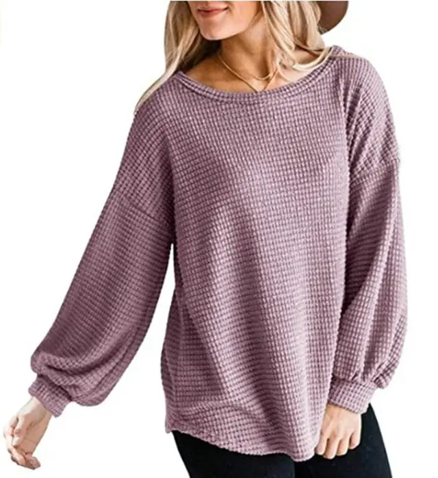 Large size round neck lantern sleeve casual shirt Pink - Shop at LoveMi