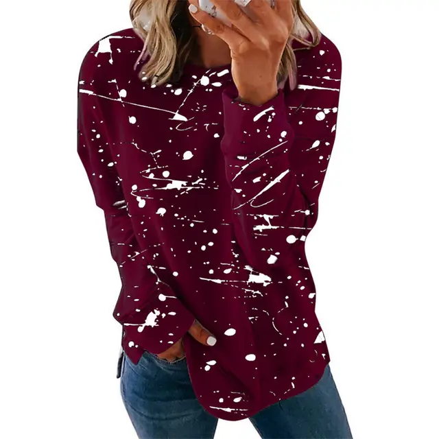 Graffiti print loose long sleeve T shirt Wine Red - Shop at LoveMi