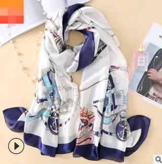 Spring, summer and autumn, new flowers, elegant and high-end artificial silk scarf, female decorative shawl, sunscreen beach towel - Anchor White - View 1