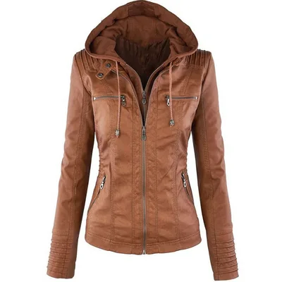 Fashion Detachable Hooded Jacket With Pockets Casual Solid Color Zipper Long Sleeve Leather Coat Autumn Winter Women's Clothing Brown - Shop at LoveMi