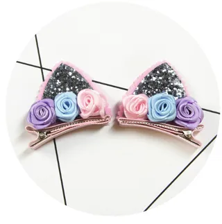 Set Cute Clips For Girls Glitter Rainbow Felt Fabric Flowers Hairpins Cat Ears Bunny Barrettes Kids Hair Accessories - Silver