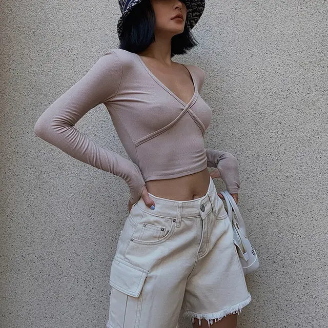 Large pocket loose embryo color five point overalls shorts raw edge jeans casual pants women Creamy White - Shop at LoveMi