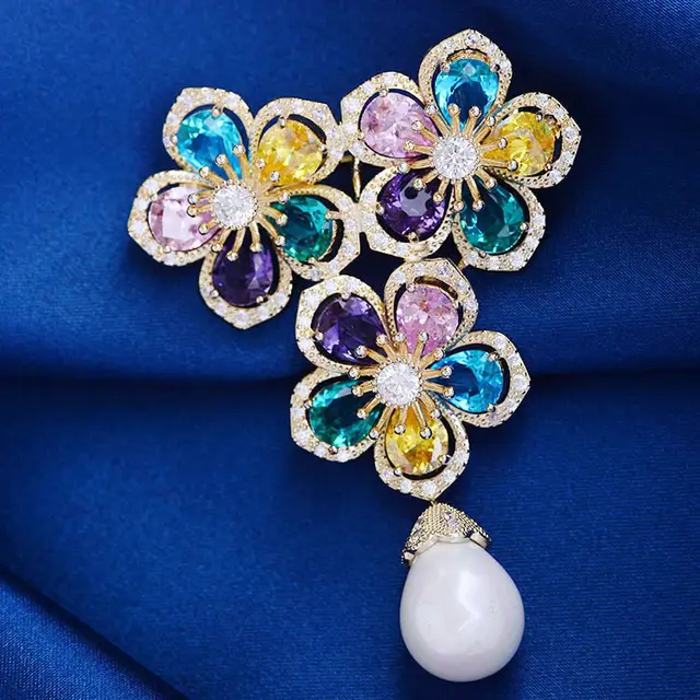 Vintage Colorful Zircon Flower Pearl Brooch Accessory Color - Shop at LoveMi
