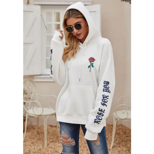 Casual Hooded Hoodie With Rose Print Pullover White - Shop at LoveMi