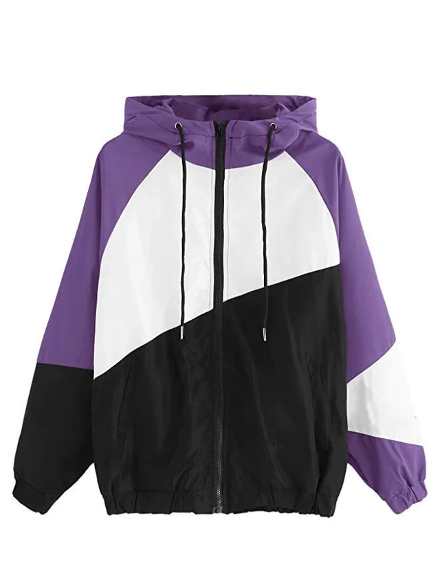 Stitching Solid Color Hooded Long Sleeved Sun Protection Jacket Purple - Shop at LoveMi
