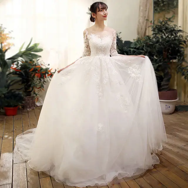 Wedding Dress Bride Lace Sleeves Dress White - Shop at LoveMi