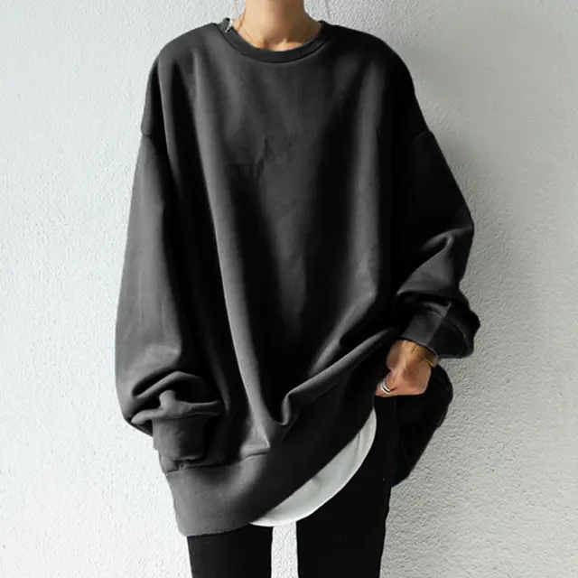 Medium Length Hoodie With Round Collar In Solid Color Black - Shop at LoveMi