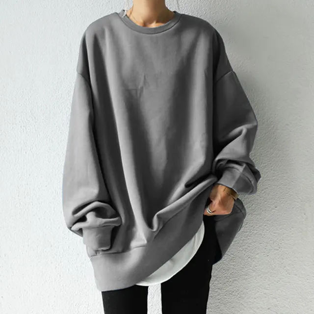 Medium Length Hoodie With Round Collar In Solid Color Grey - Shop at LoveMi