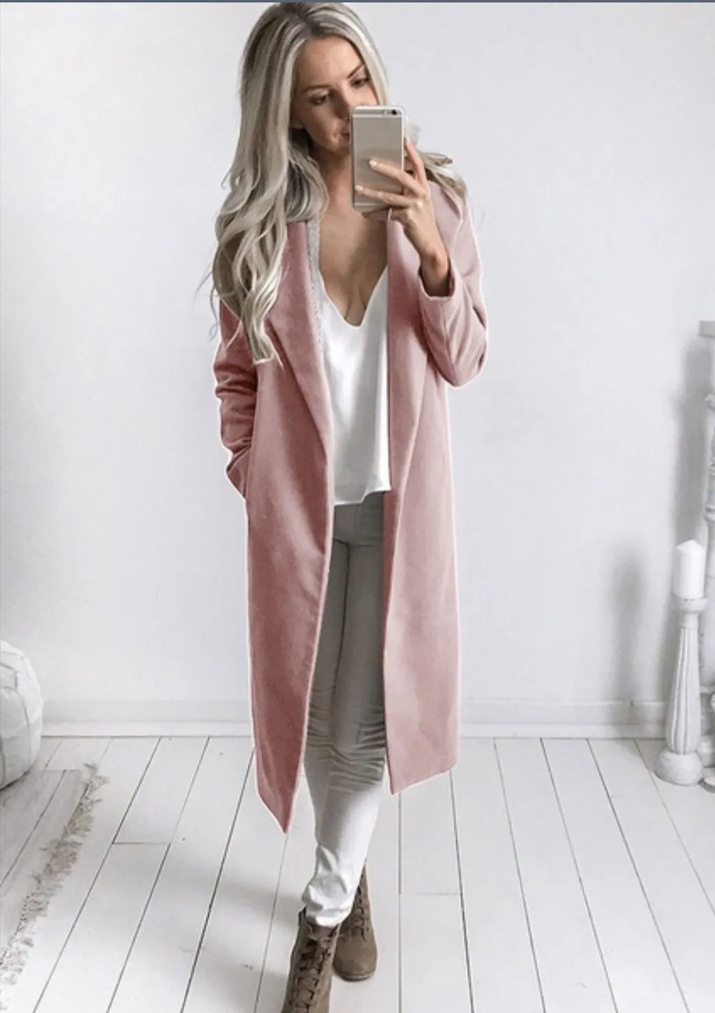 Mid-length woolen coat - Pink