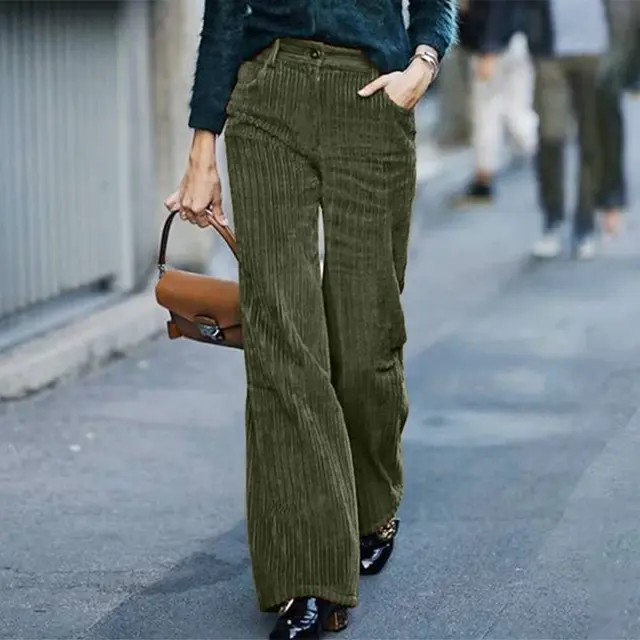 Women's corduroy solid color high waist wide leg pants Green - Shop at LoveMi
