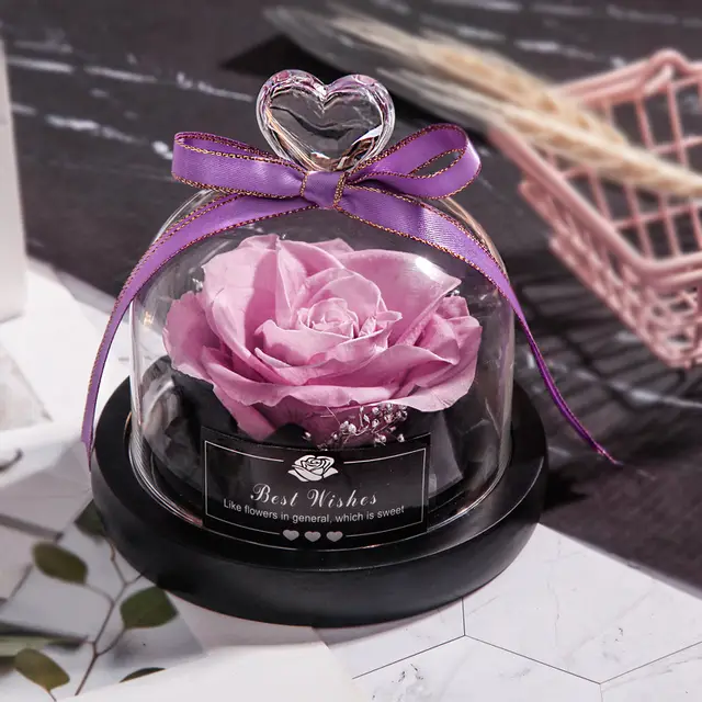 Valentine's Day Christmas Dried Flowers For Home Decor Wedding Gifts Dried Flowers Eternal Real Rose Home Decor With LED In Glass Pink Purple - Shop at LoveMi