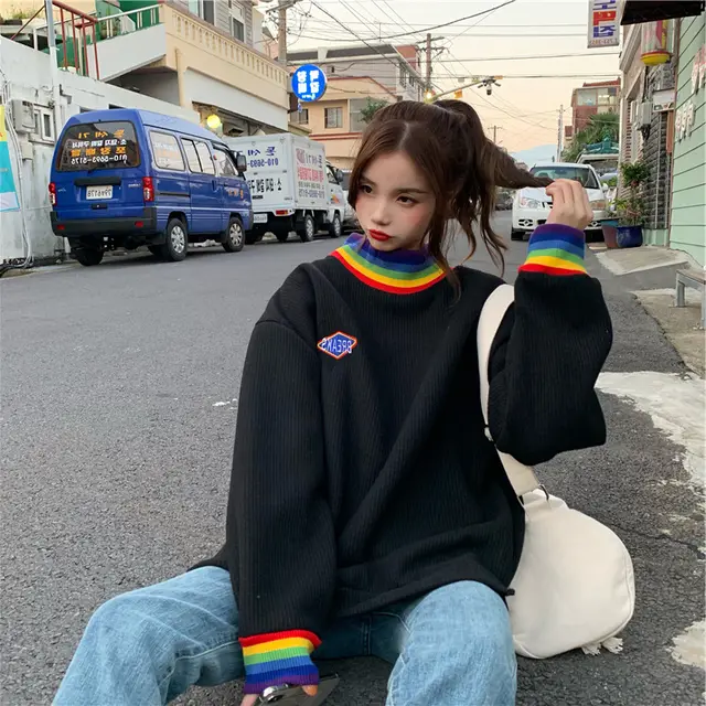 New Korean Style Loose Rainbow Half High Collar Thin Coat Black - Shop at LoveMi