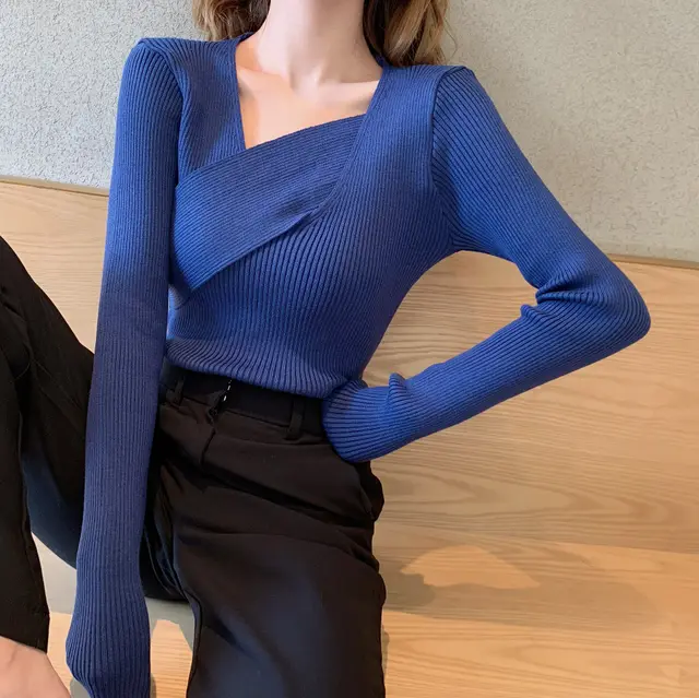 Cross neck long sleeved sweater Denim Blue - Shop at LoveMi