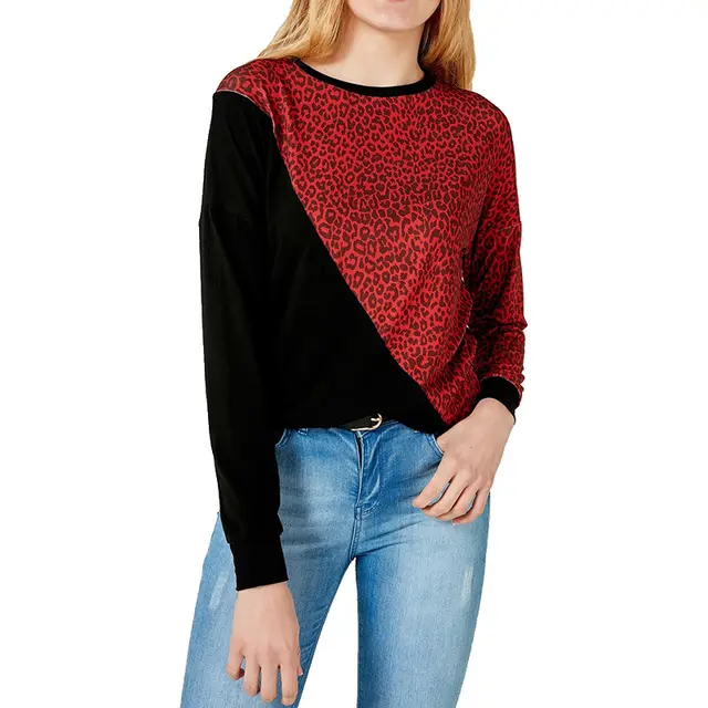 Casual Contrast Color Stitching Leopard Print Sweater Women Red - Shop at LoveMi