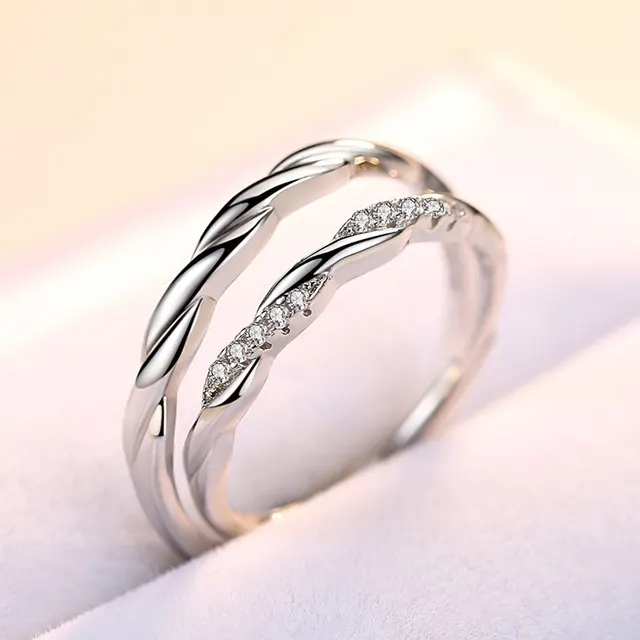 S925 sterling silver water ripple micro inlaid couple ring Men - Shop at LoveMi