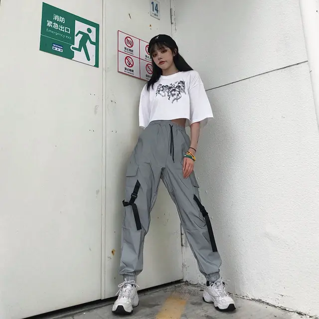 Harajuku Fenggang Crack Reflective Pants Men's And Women's Buckle Overalls Wide Leg Pants Solid Reflective Pants - Shop at LoveMi