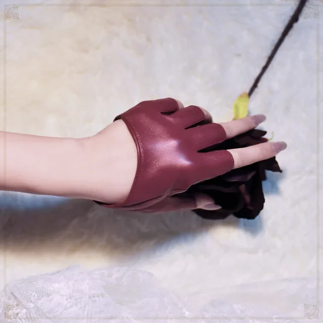 Jumper girl goth punk jk leather half finger half palm gloves Wine Red - Shop at LoveMi