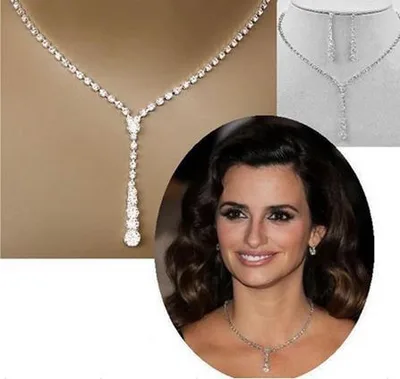 C192 New Europe simple bride Rhinestone Necklace ear suit of wedding jewelry sweater chain Default - Shop at LoveMi