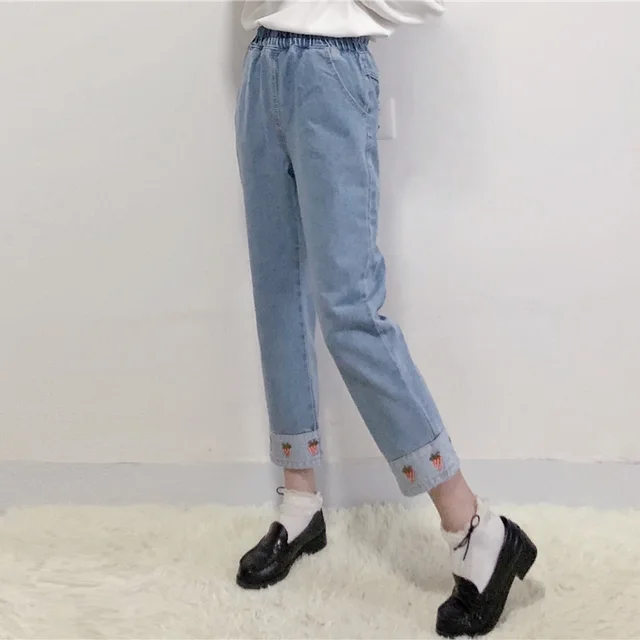 Strawberry embroidery slim jeans Light Blue - Shop at LoveMi