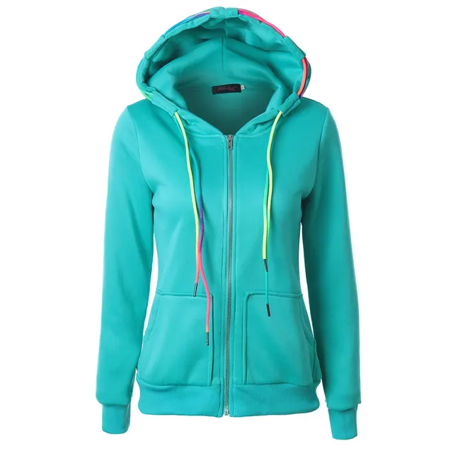 Colorful Drawstring Hooded Zipper Pocket Cardigan Jacket Blue Green - Shop at LoveMi