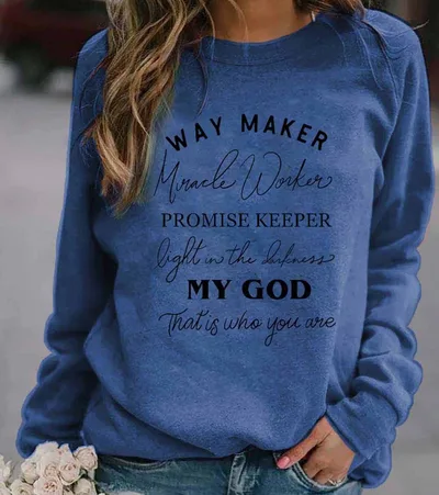 Printed Loose Fashion Round Neck Letter Long Sleeve Women's Sweater Blue - Shop at LoveMi