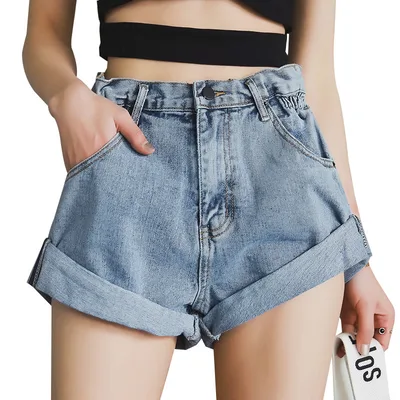High waist denim shorts female elastic waist waist cuff wide leg pants shorts loose new retro Korean version Light Blue - Shop at LoveMi