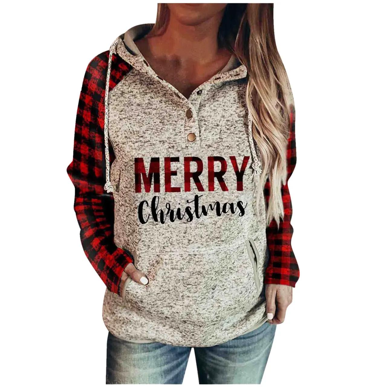 Large size Christmas plaid contrast sweater - 2 Grey
