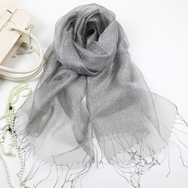 Fashionable And High Grade Lady Silk Double Layer Elegant Silk Scarf Silver - Shop at LoveMi
