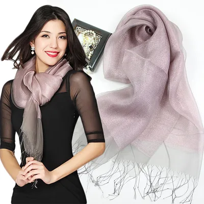 Fashionable And High Grade Lady Silk Double Layer Elegant Silk Scarf Taro Powder - Shop at LoveMi