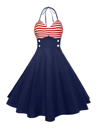 Striped Patchwork Neck Print Vintage Dress American Flag Print Picture Color Xxl - Shop at LoveMi