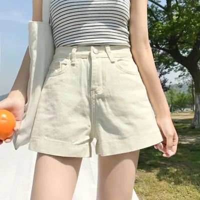 Simple Flanging High Waist Slim Straight Denim Shorts Beige - Shop at LoveMi