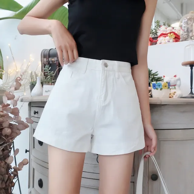 Simple Flanging High Waist Slim Straight Denim Shorts White - Shop at LoveMi