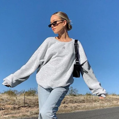 Solid color embroidered sweatshirt Grey - Shop at LoveMi