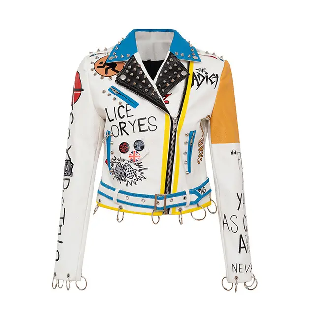 Personalized Graffiti Print Motorcycle Leather Jacket White - Shop at LoveMi