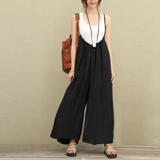 Women cotton linen one-piece suspender wide-leg pants - Black