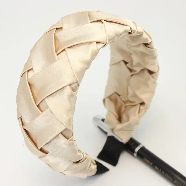 Faux Silk Plaid Satin Crumpled Solid Color Wide Brimmed Headband Beige - Shop at LoveMi