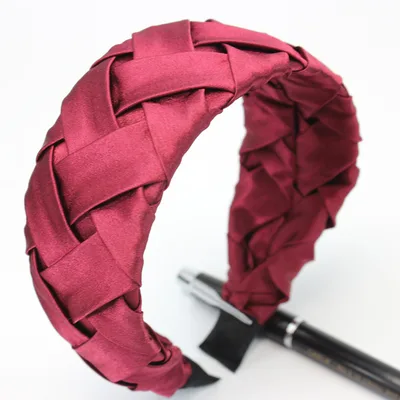 Faux Silk Plaid Satin Crumpled Solid Color Wide Brimmed Headband Wine Red - Shop at LoveMi