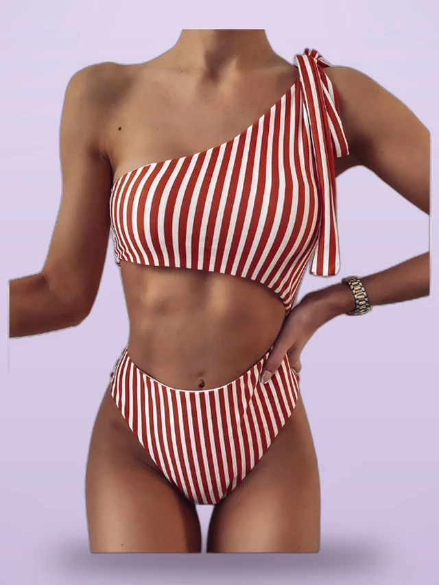 Striped Cut out One Shoulder One Piece Swimsuit Orange - Shop at LoveMi