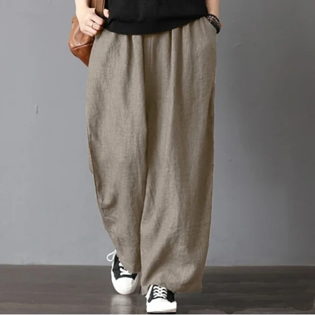 Large Size Cotton And Linen Pocket Women's Wide leg Trousers Yellow - Shop at LoveMi