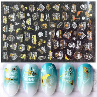 Nail Art 3D Sticker Maple Leaf Flamingo Beach White Gold Pattern Nail Sticker