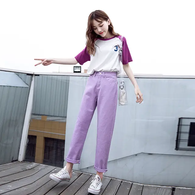 Thin high waist straight leg pants loose trousers Purple - Shop at LoveMi